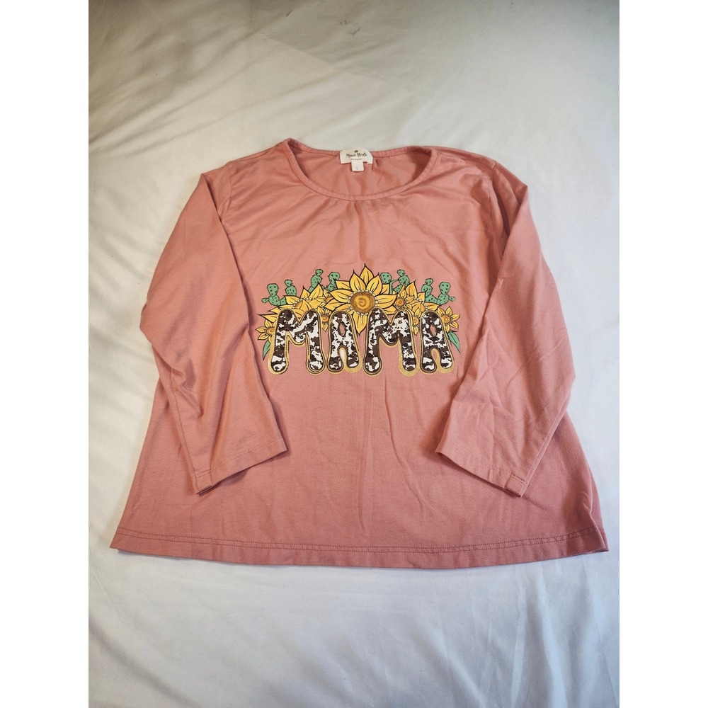 Marie Nicole Mama Sunflower Cow Print Cactus Pink Long Sleeve Top Large